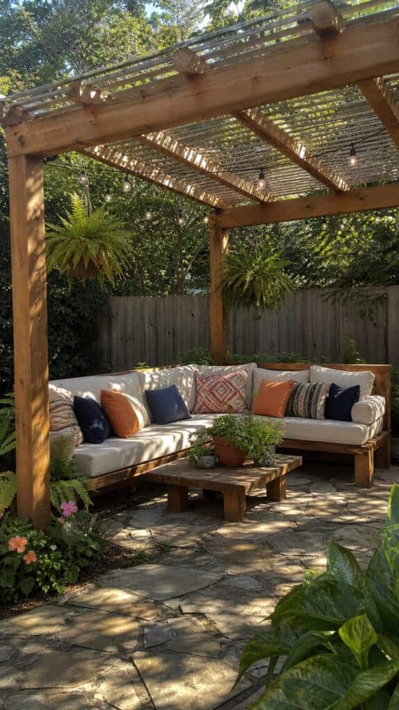 Classic L-Shaped Pergola with Built-In Seating