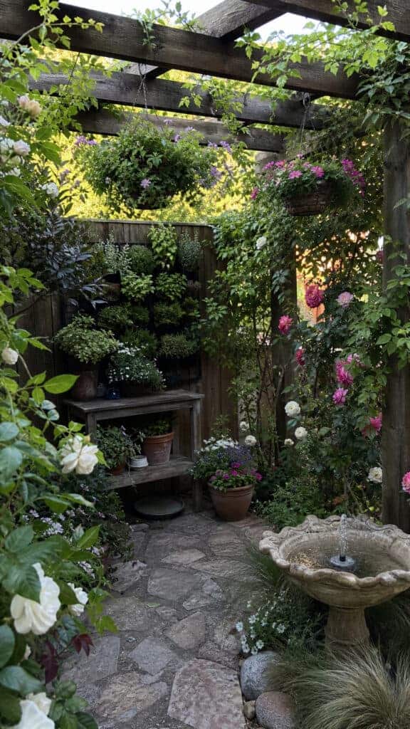 Corner Pergola Garden Retreat with Vertical Planters