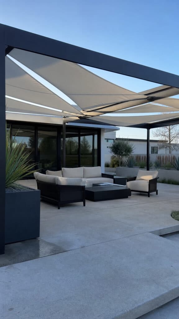 Minimalist Metal Pergola with Shade Sails