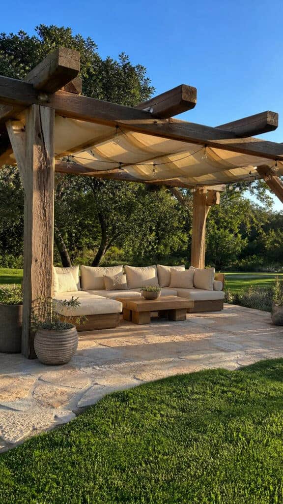 Rustic Wooden Beam Pergola with Fabric Canopy