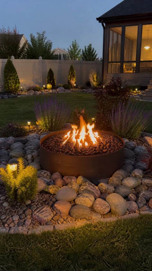 Steel Ring Fire Pit with Decorative Stone Surround