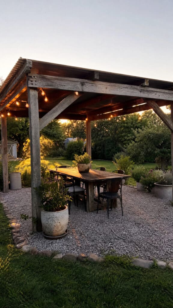 Rustic Pergola with Corrugated Metal Roofing
