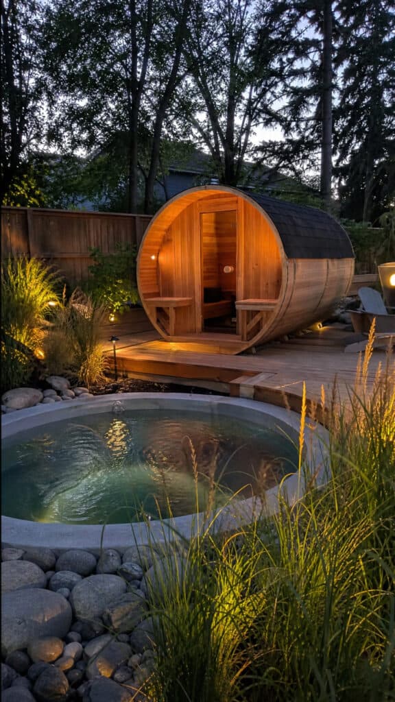 Cedar Barrel Sauna with Adjacent Sunken Hot Tub