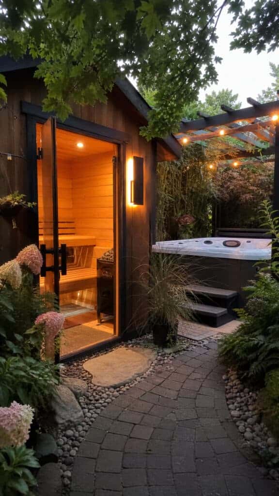 Converted Shed or Outbuilding Sauna with Hot Tub Garden