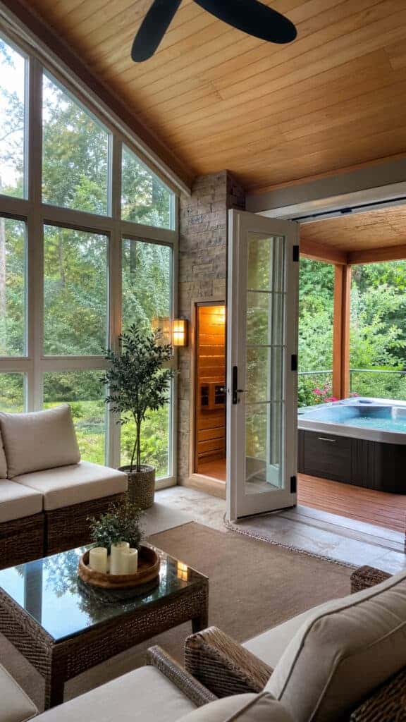 Four-Season Sunroom Sauna with Adjacent Hot Tub Deck