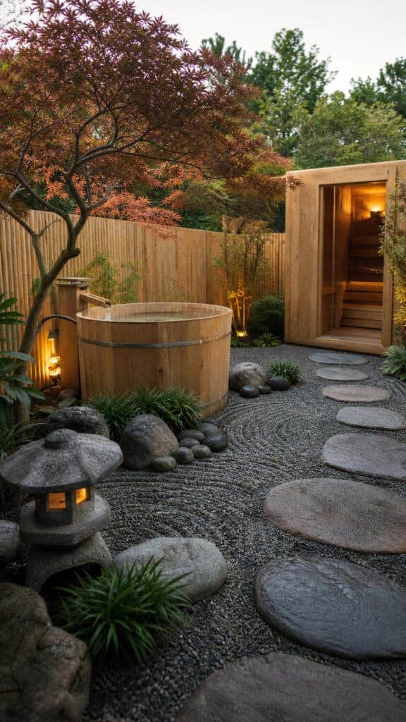 Minimalist Zen Garden with Japanese Soaking Tub and Sauna
