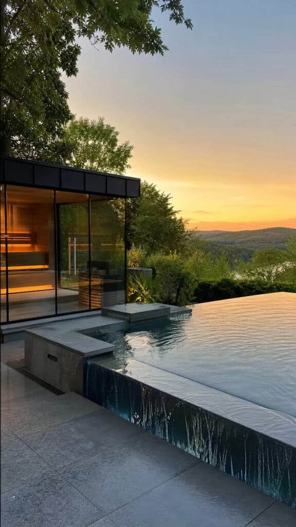 Modern Glass-Enclosed Sauna Room with Infinity Hot Tub