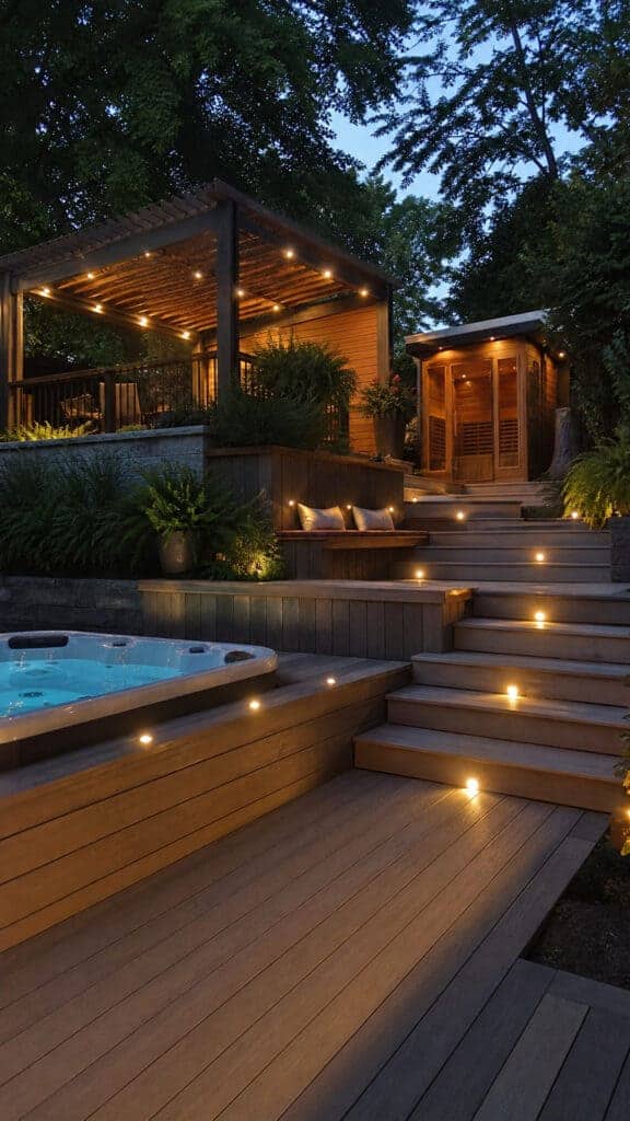Multi-Level Deck with Built-In Hot Tub and Sauna Suite