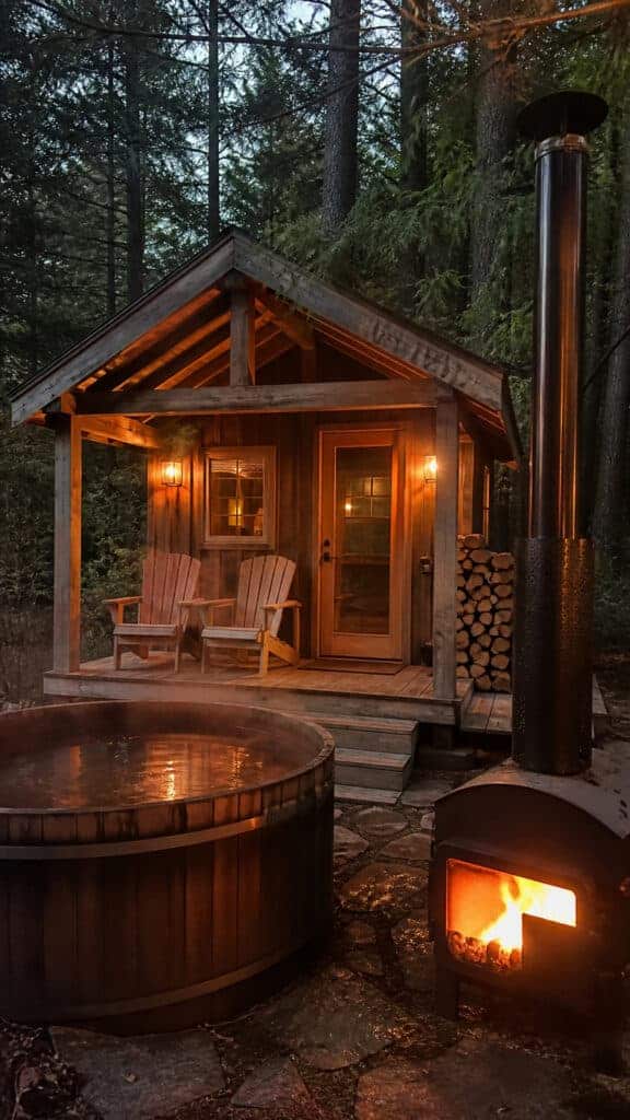 Rustic Cabin-Style Sauna with Wood-Fired Hot Tub