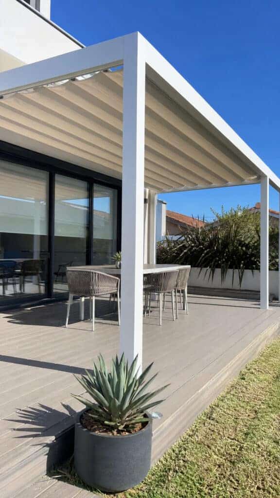 Modern White Pergola with Retractable Canopy
