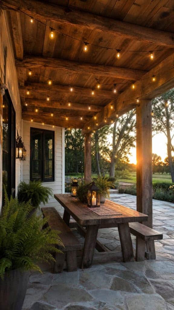 Rustic Beam Pergola with String Lights