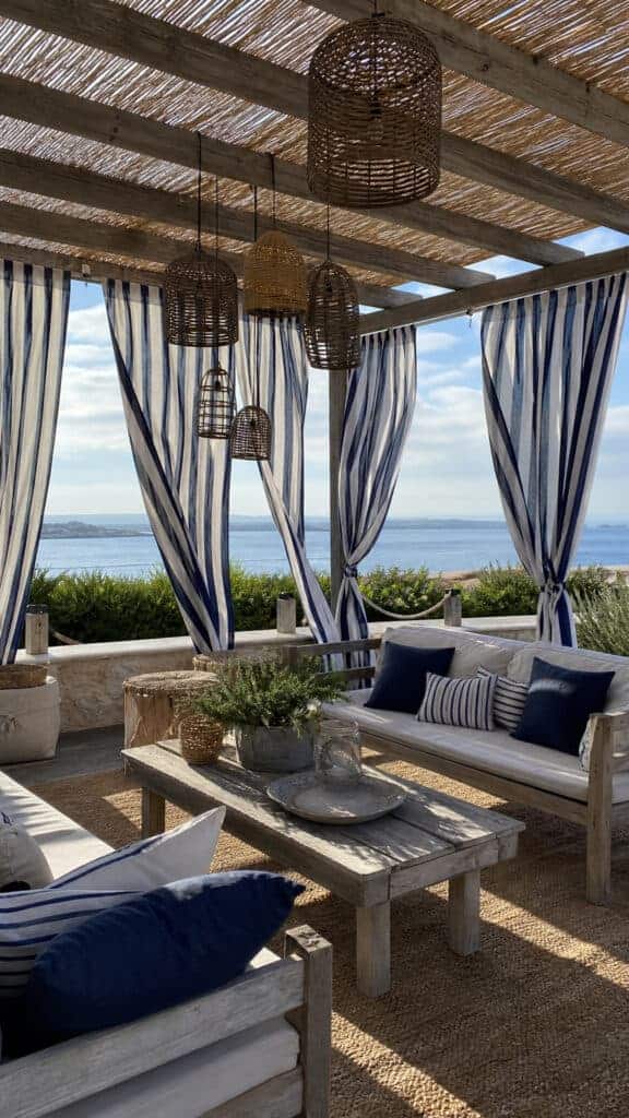 Coastal Vibes with Striped Curtains and Lantern Lights