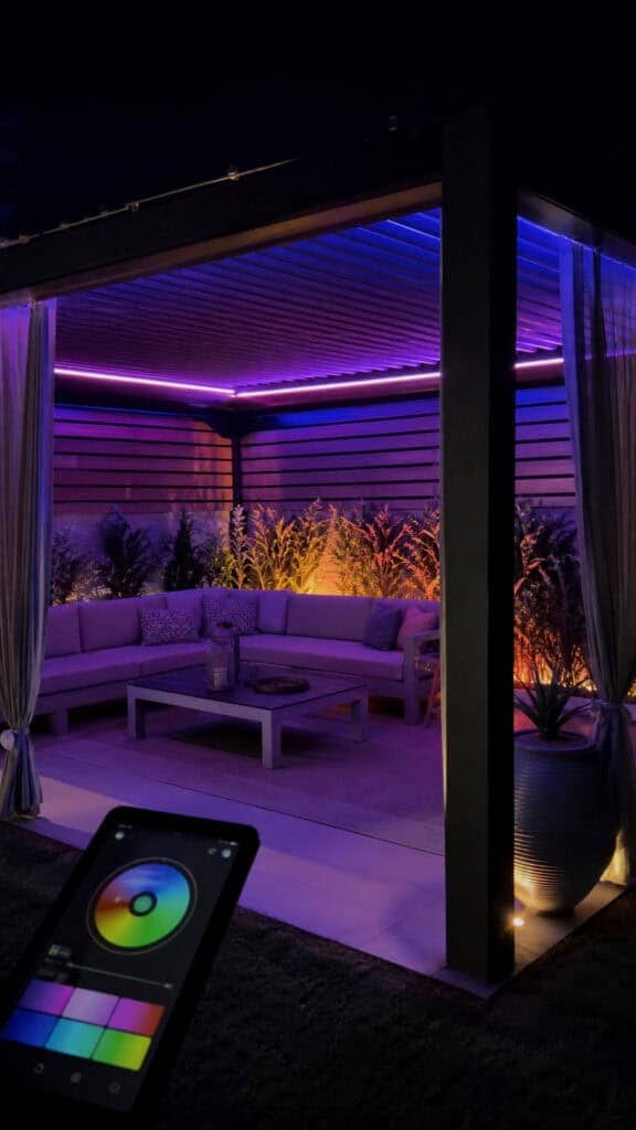 Contemporary Pergola with Outdoor Curtains and Smart Lighting
