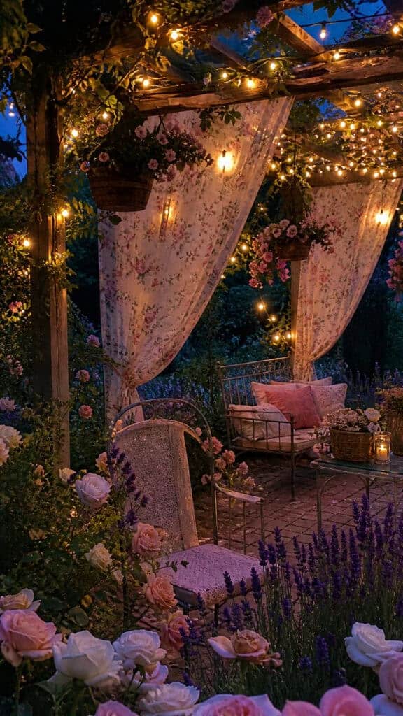 Garden Romance with Floral Curtains and Fairy Lights