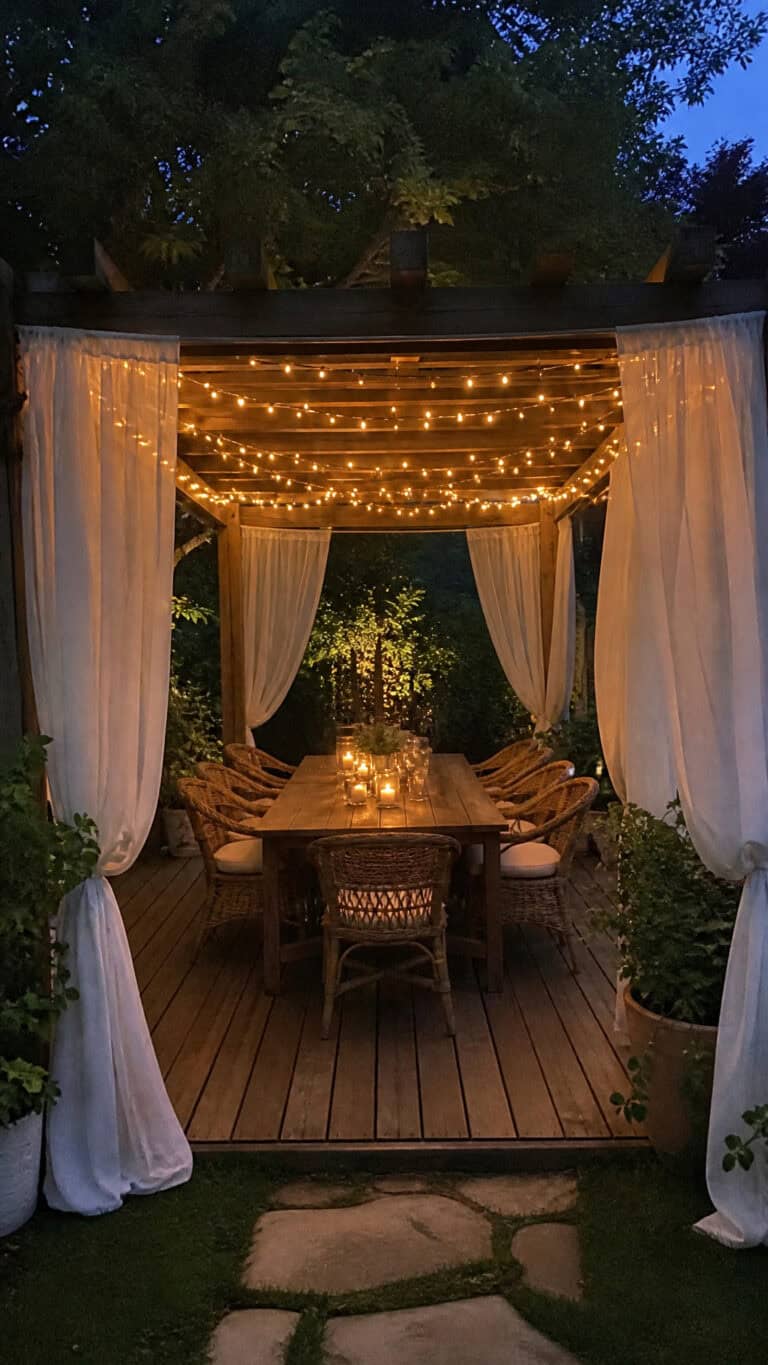 Romantic String Light Canopy with Sheer White Curtains