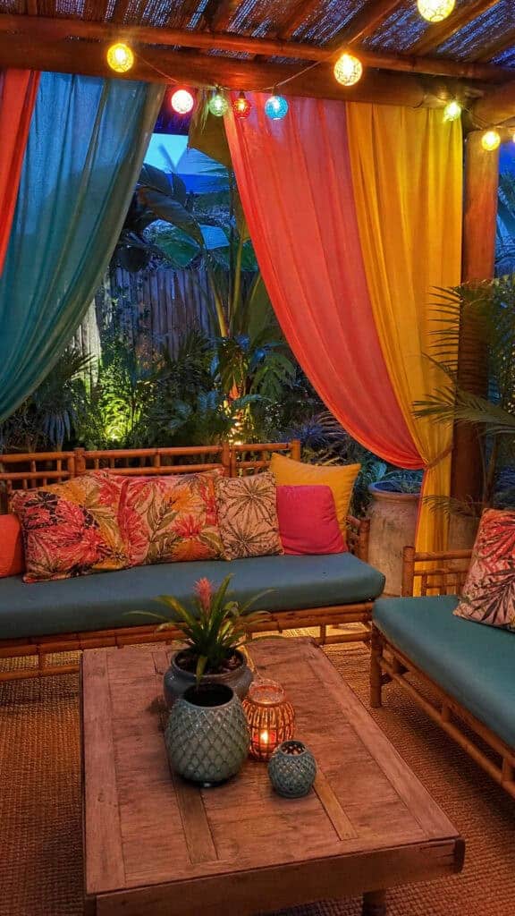 Tropical Escape with Colorful Curtains and Globe Lights