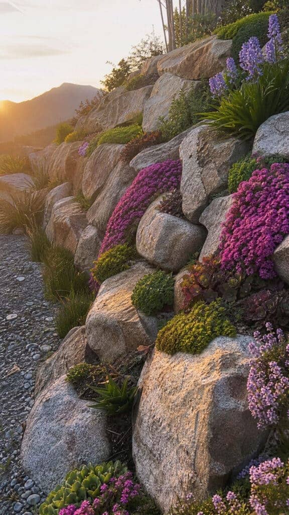 Curved Boulder Wall with Alpine Plants