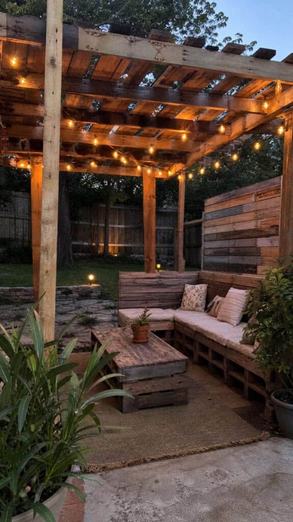 Pallet Wood Pergola with String Lights
