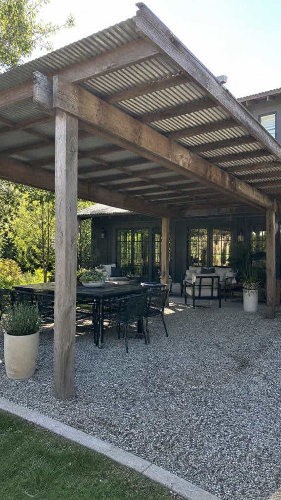 Rustic Pergola with Corrugated Metal Roof
