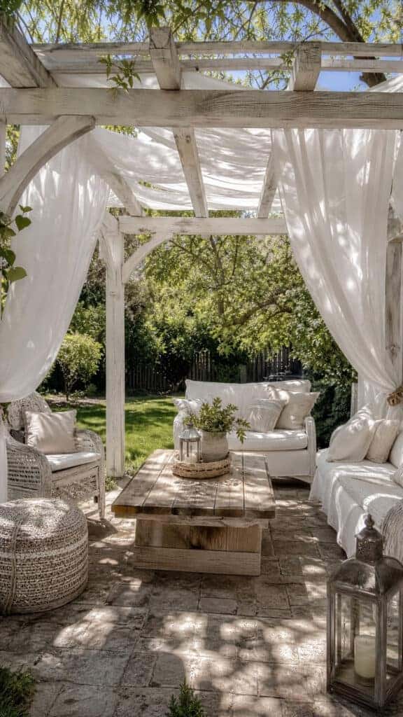 Whitewashed Timber Pergola with Fabric Drapes