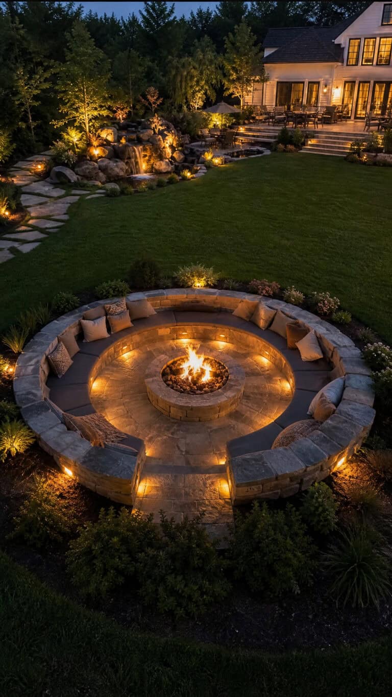 Classic Circular Sunken Fire Pit with Built-In Stone Seating