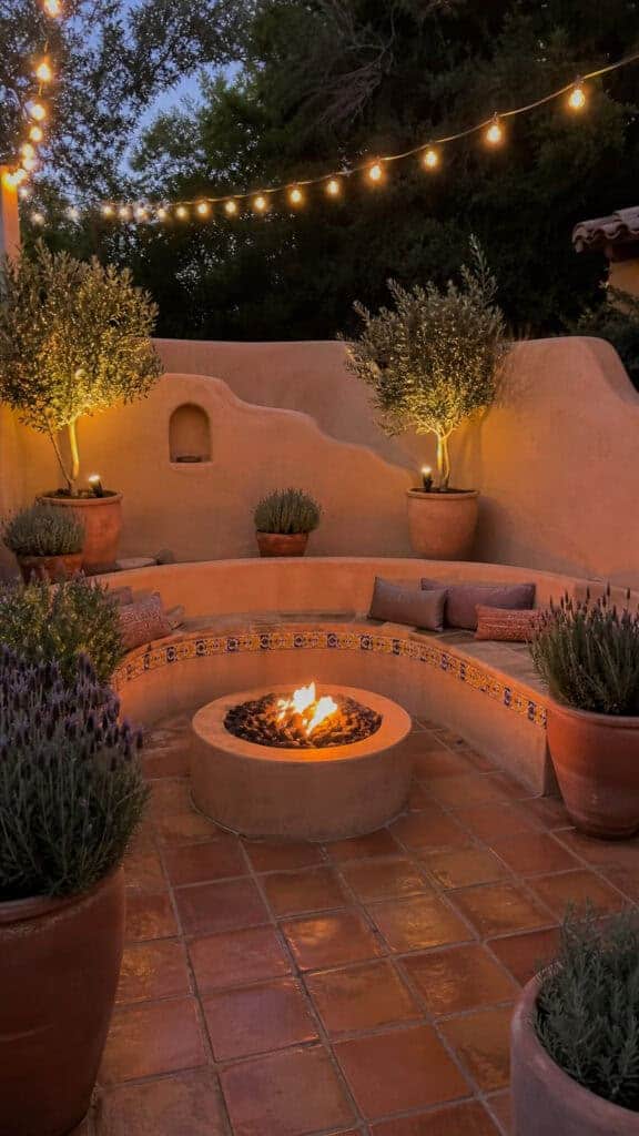 Mediterranean-Style Sunken Courtyard with Curved Seating