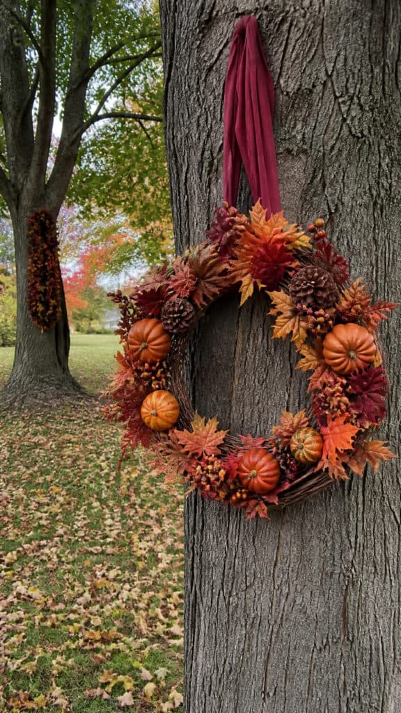 Hang Oversized Fall Wreaths and Swags on Trees