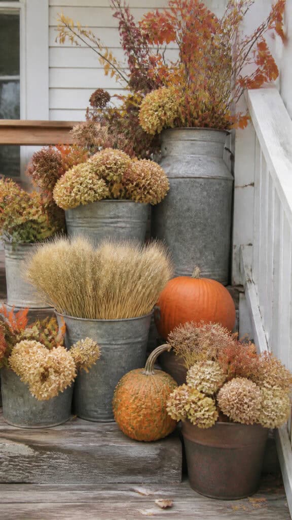 Antique Milk Cans and Galvanized Buckets with Fall Florals