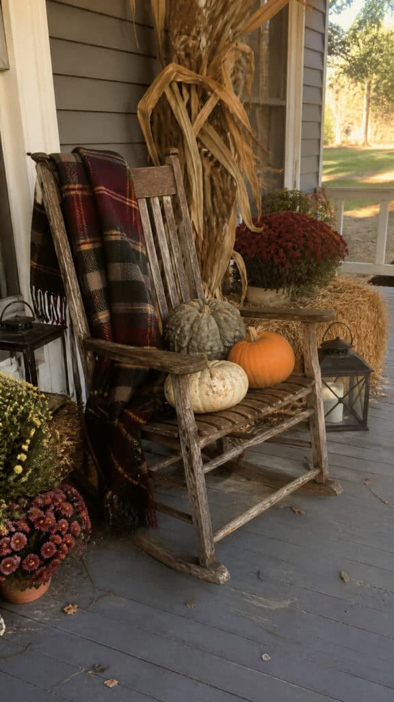 Porch Displays with Vintage Benches and Rocking Chairs