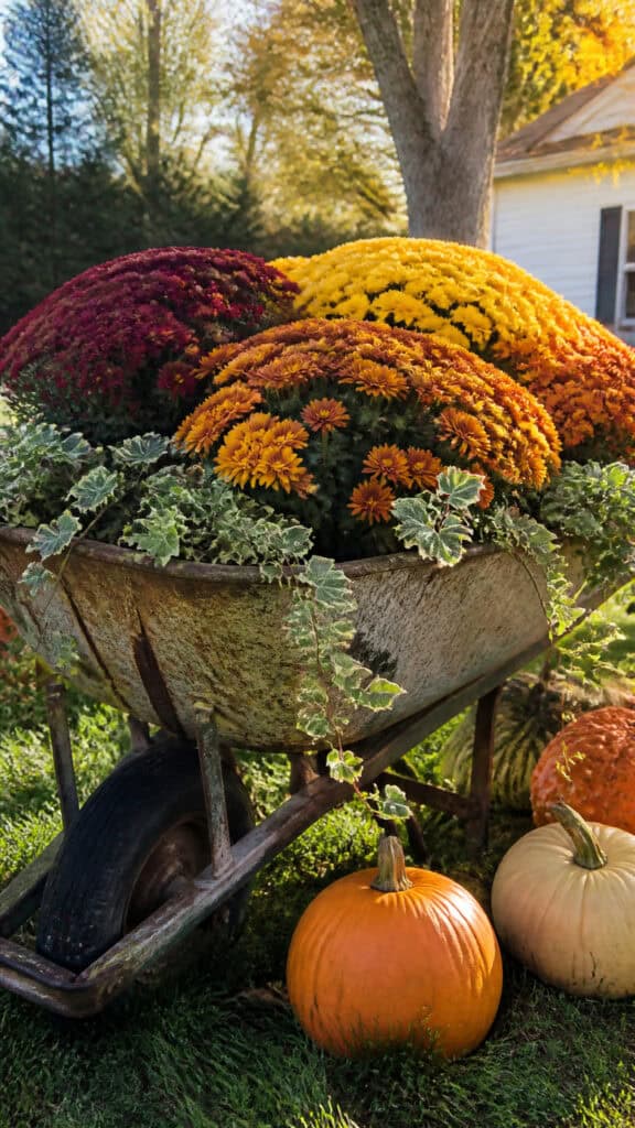 Rustic Wheelbarrow Planters with Cascading Fall Mums
